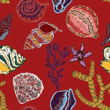 Seamless nautical pattern with hand painted shells and starfish in expressive 스톡 일러스트
