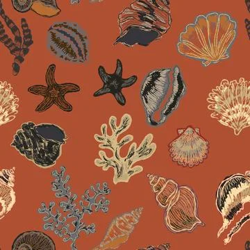 Seamless nautical pattern with hand painted shells and starfish in expressive Stockillustratie