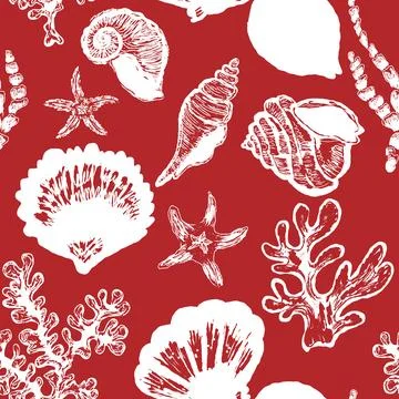 Seamless nautical pattern with hand painted shells and starfish in expressive Stock Illustration