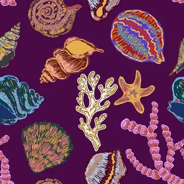 Seamless nautical pattern with hand painted shells and starfish in expressive Stockillustratie