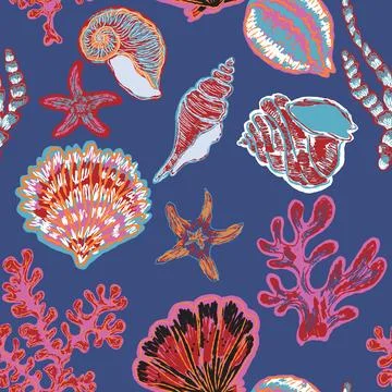 Seamless nautical pattern with hand painted shells and starfish in expressive 스톡 일러스트