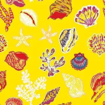 Seamless nautical pattern with hand painted shells and starfish in expressive Illustrazione stock