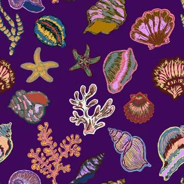 Seamless nautical pattern with hand painted shells and starfish in expressive Stockillustratie