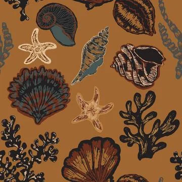 Seamless nautical pattern with hand painted shells and starfish in expressive Stock Illustration