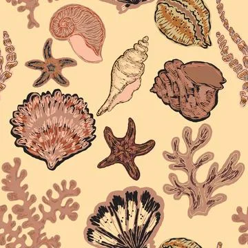 Seamless nautical pattern with hand painted shells and starfish in expressive Stock Illustration