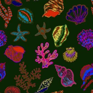 Seamless nautical pattern with hand painted shells and starfish in expressive 스톡 일러스트