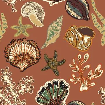 Seamless nautical pattern with hand painted shells and starfish in expressive 스톡 일러스트
