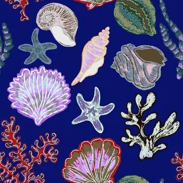 Seamless nautical pattern with hand painted shells and starfish in expressive Stockillustratie