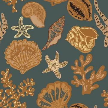 Seamless nautical pattern with hand painted shells and starfish in expressive イラスト素材