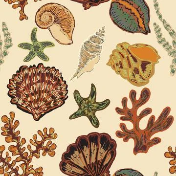 Seamless nautical pattern with hand painted shells and starfish in expressive イラスト素材