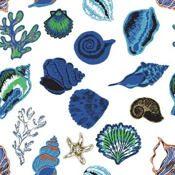 Seamless nautical pattern with hand painted shells and starfish in expressive 스톡 일러스트
