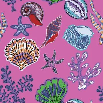 Seamless nautical pattern with hand painted shells and starfish in expressive Stockillustratie