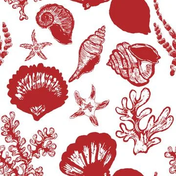 Seamless nautical pattern with hand painted shells and starfish in expressive 스톡 일러스트