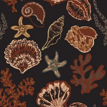 Seamless nautical pattern with hand painted shells and starfish in expressive Illustrazione stock