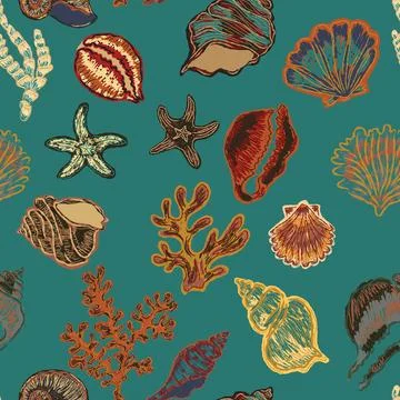 Seamless nautical pattern with hand painted shells and starfish in expressive Stockillustratie