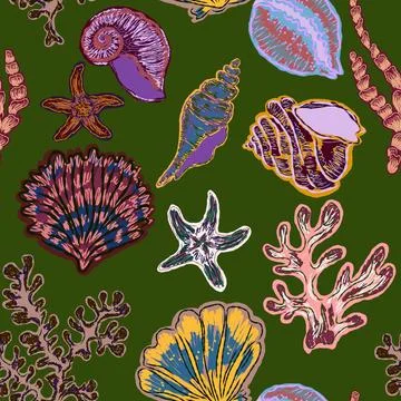 Seamless nautical pattern with hand painted shells and starfish in expressive イラスト素材