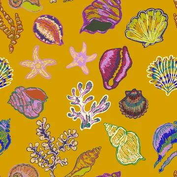 Seamless nautical pattern with hand painted shells and starfish in expressive 스톡 일러스트