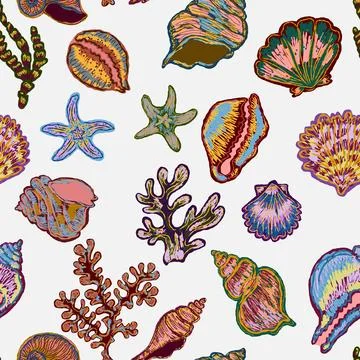 Seamless nautical pattern with hand painted shells and starfish in expressive 스톡 일러스트