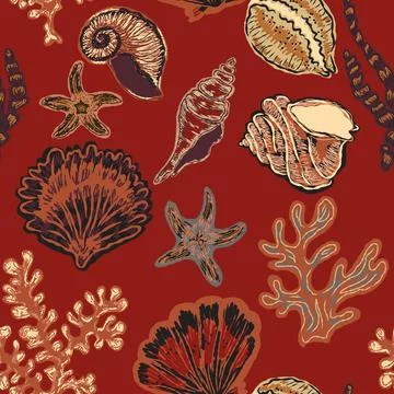 Seamless nautical pattern with hand painted shells and starfish in expressive 스톡 일러스트