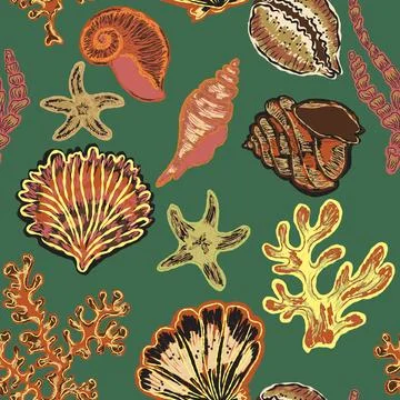 Seamless nautical pattern with hand painted shells and starfish in expressive 스톡 일러스트
