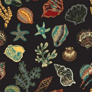 Seamless nautical pattern with hand painted shells and starfish in expressive Illustrazione stock