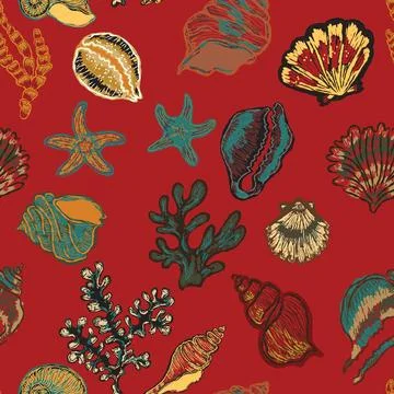 Seamless nautical pattern with hand painted shells and starfish in expressive イラスト素材