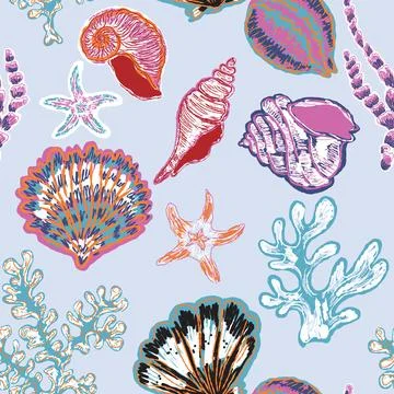 Seamless nautical pattern with hand painted shells and starfish in expressive Stock Illustration