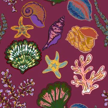 Seamless nautical pattern with hand painted shells and starfish in expressive Stockillustratie