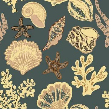Seamless nautical pattern with hand painted shells and starfish in expressive Stockillustratie