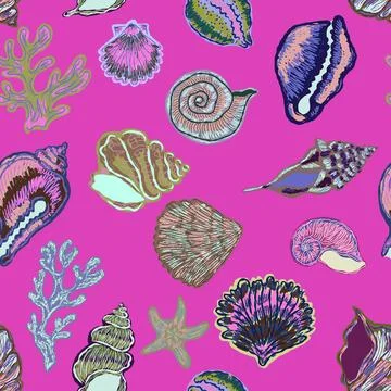 Seamless nautical pattern with hand painted shells and starfish in expressive Stockillustratie
