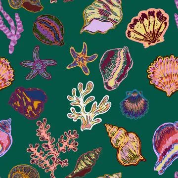 Seamless nautical pattern with hand painted shells and starfish in expressive 스톡 일러스트