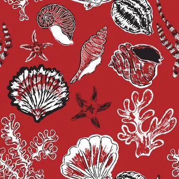 Seamless nautical pattern with hand painted shells and starfish in expressive 库存插图
