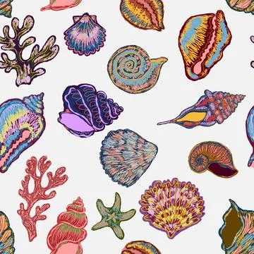 Seamless nautical pattern with hand painted shells and starfish in expressive Stockillustratie