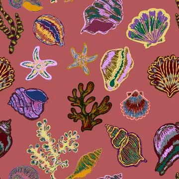 Seamless nautical pattern with hand painted shells and starfish in expressive Stock Illustration