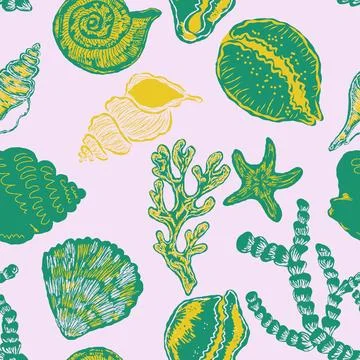 Seamless nautical pattern with hand painted shells and starfish in expressive イラスト素材