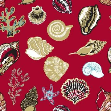 Seamless nautical pattern with hand painted shells and starfish in expressive Stockillustratie
