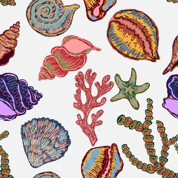 Seamless nautical pattern with hand painted shells and starfish in expressive 스톡 일러스트