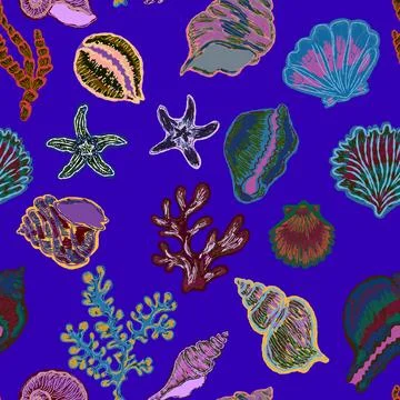 Seamless nautical pattern with hand painted shells and starfish in expressive Stock Illustration