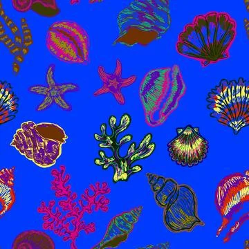 Seamless nautical pattern with hand painted shells and starfish in expressive Stockillustratie