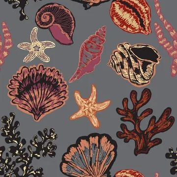 Seamless nautical pattern with hand painted shells and starfish in expressive Stock Illustration