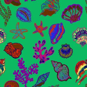 Seamless nautical pattern with hand painted shells and starfish in expressive Stock Illustration