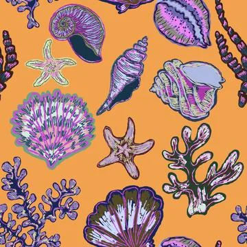 Seamless nautical pattern with hand painted shells and starfish in expressive Stockillustratie