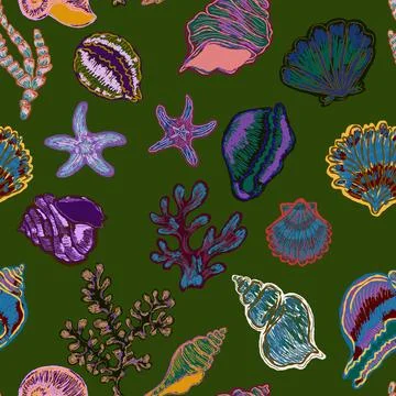 Seamless nautical pattern with hand painted shells and starfish in expressive Stock Illustration