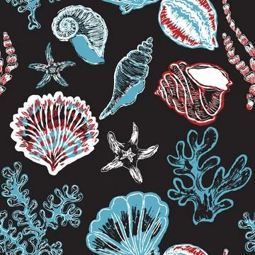 Seamless nautical pattern with hand painted shells and starfish in expressive 스톡 일러스트