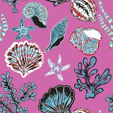 Seamless nautical pattern with hand painted shells and starfish in expressive 스톡 일러스트