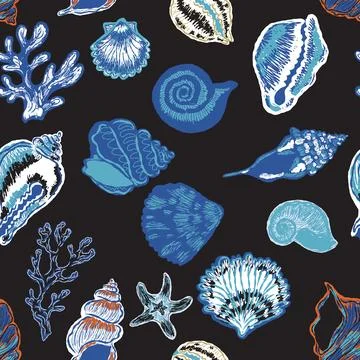 Seamless nautical pattern with hand painted shells and starfish in expressive Stockillustratie