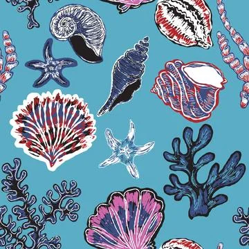 Seamless nautical pattern with hand painted shells and starfish in expressive Stock Illustration