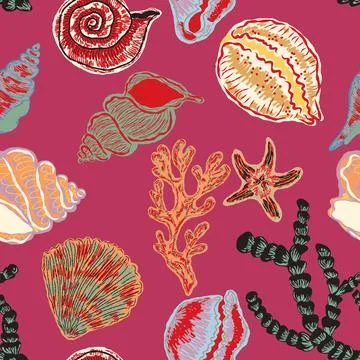Seamless nautical pattern with hand painted shells and starfish in expressive Stock Illustration