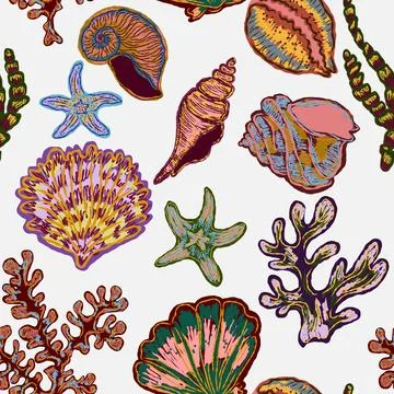Seamless nautical pattern with hand painted shells and starfish in expressive 스톡 일러스트
