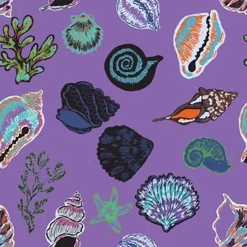 Seamless nautical pattern with hand painted shells and starfish in expressive Stock Illustration